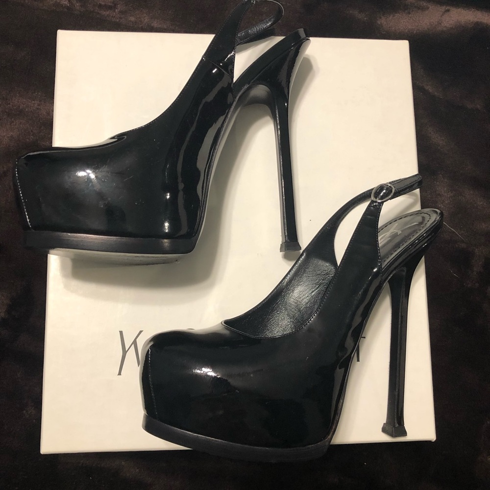 Yves Saint Laurent black patent platforms.